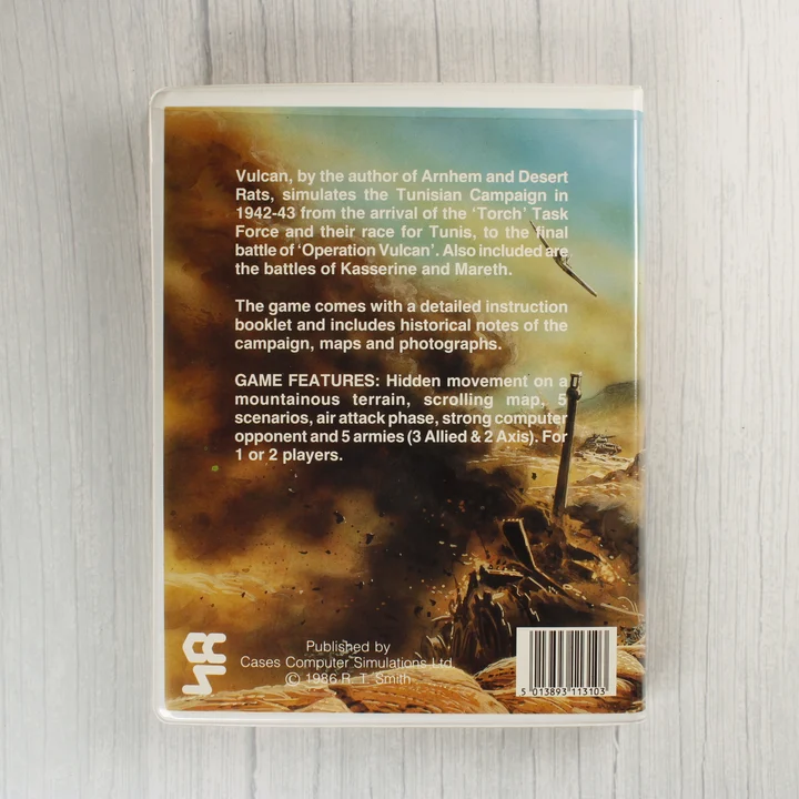 A Vulcan: The Tunisian Campaign játék tokjának hátoldala a leírással és vonalkóddal.