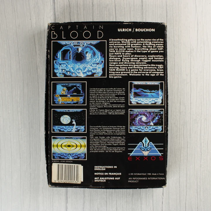 Captain Blood doboz hátulja A Captain Blood videójáték dobozának hátoldala leírásokkal és képekkel