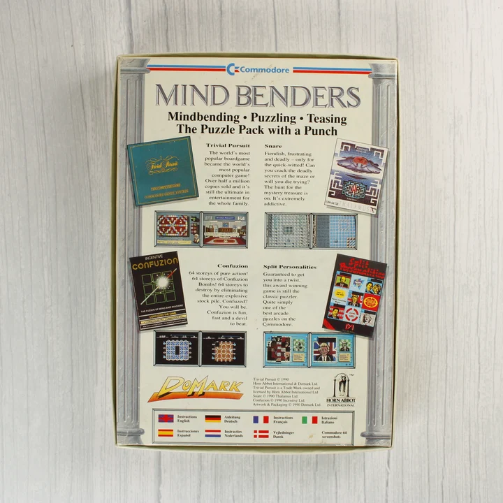 Mind Benders Commodore 64 játékgyűjtemény dobozának hátoldala