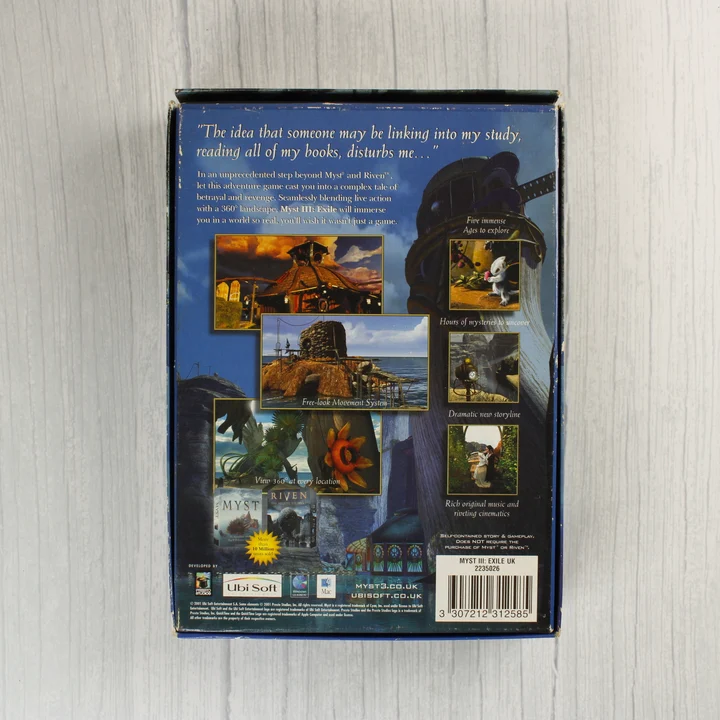 Myst III Exile videójáték kartondobozának hátlapja