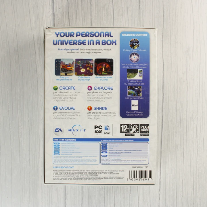 Spore Galactic Edition dobozának hátoldala a rendszerkövetelményekkel