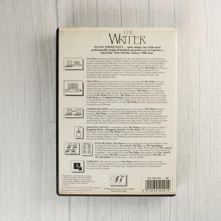 The Writer ZX Spectrum szoftver hátoldali leírása