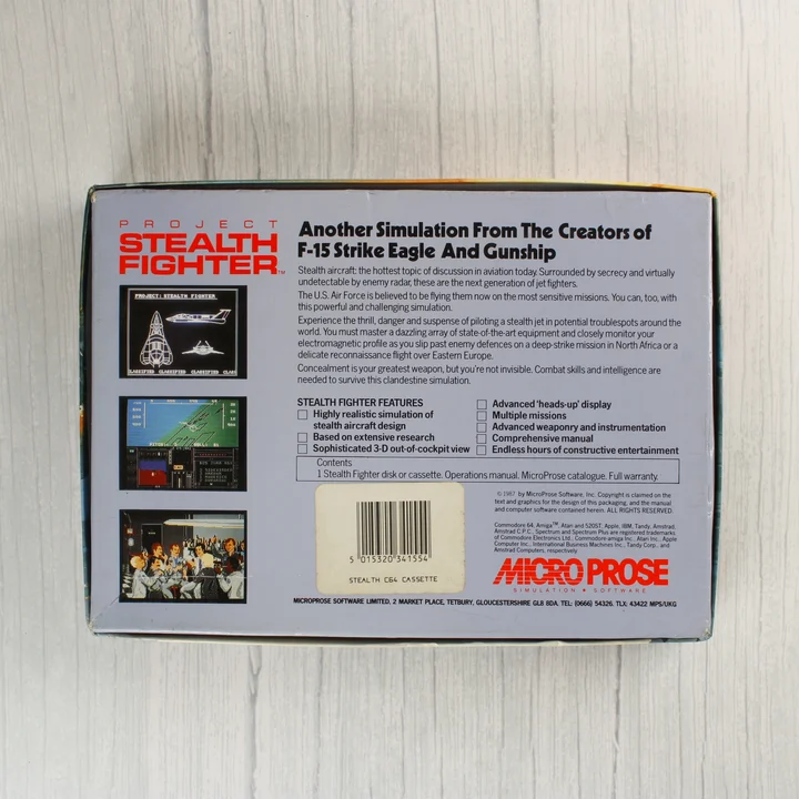 Project Stealth Fighter Commodore 64 játék dobozának hátoldala