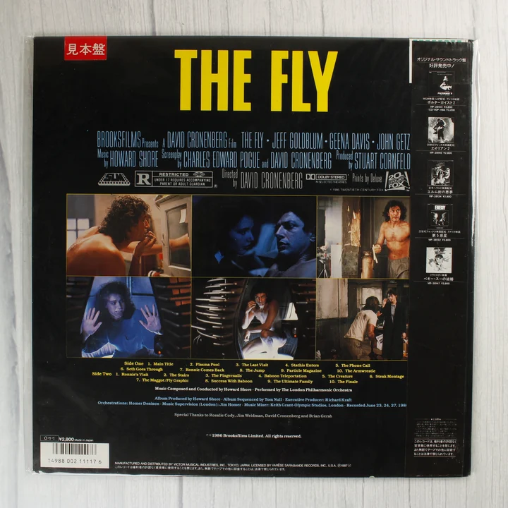 The Fly filmzene bakelit lemez hátsó borítója jelenetfotókkal