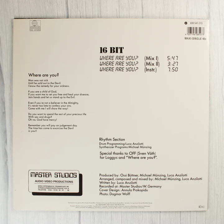 16 Bit Where Are You? bakelit lemez borító hátlap