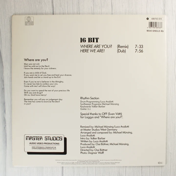 16 Bit Where Are You? Remix bakelit lemez hátoldala