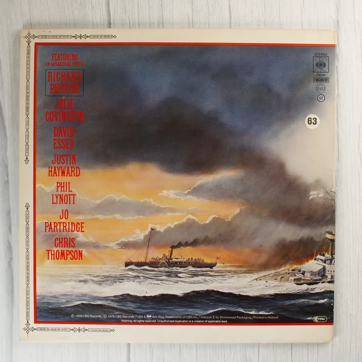 The War of the Worlds bakelit lemez hátsó borítója a közreműködők listájával