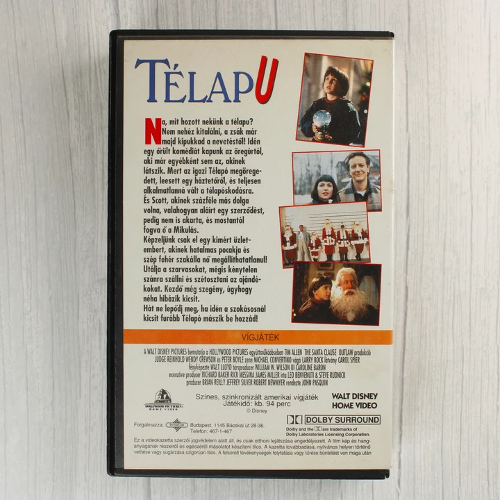 A Télapu VHS kazetta hátoldala a film leírásával és adataival.