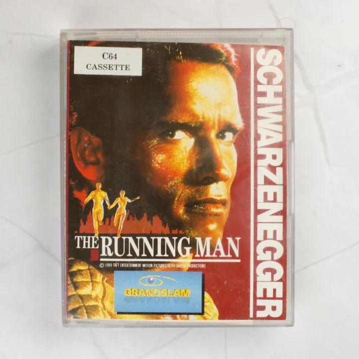 The Running Man C64 borító The Running Man Commodore 64 játék előlapja Arnold Schwarzenegger képével