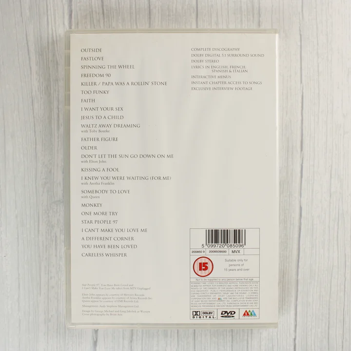 George Michael Ladies & Gentlemen DVD hátlap George Michael Ladies & Gentlemen DVD hátlapja a számlistával