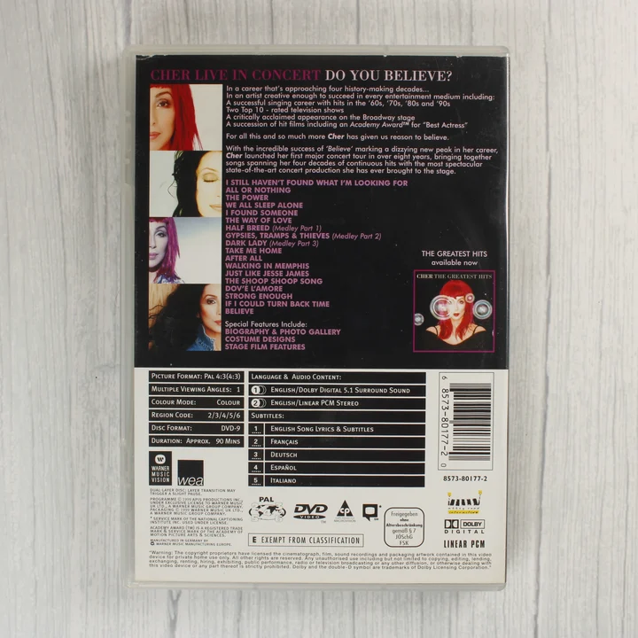 Cher Live in Concert DVD hátoldala technikai adatokkal