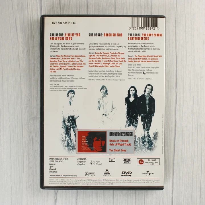 The Doors DVD hátoldala dán nyelvű leírással és dallistával