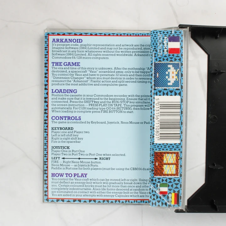 Arkanoid C64 borító hátlap Arkanoid videójáték borítójának hátoldala és a tok belseje