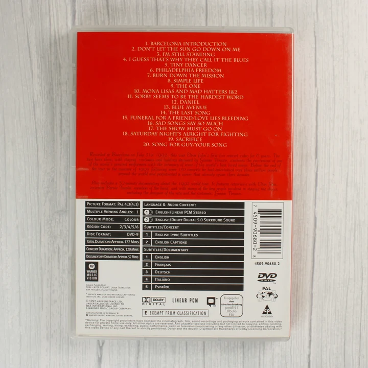 Elton John Live in Barcelona DVD hátoldali borítója a számlistával