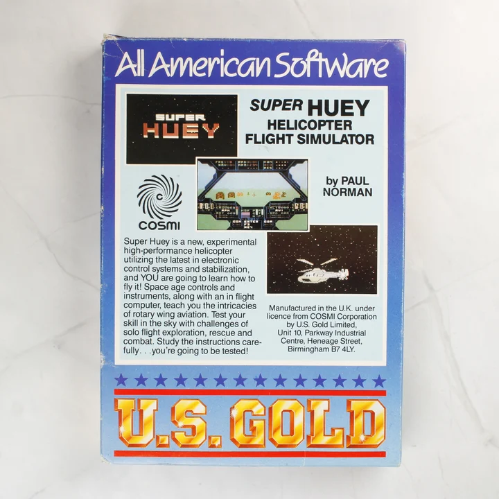 Super Huey C64 doboz hátlap A Super Huey videójáték dobozának hátoldala leírással és képernyőképekkel