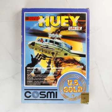 A Super Huey videójáték dobozának előlapja helikopteres illusztrációval