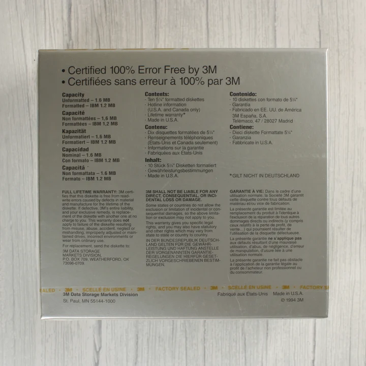 3M floppy lemez dobozának hátoldala technikai adatokkal