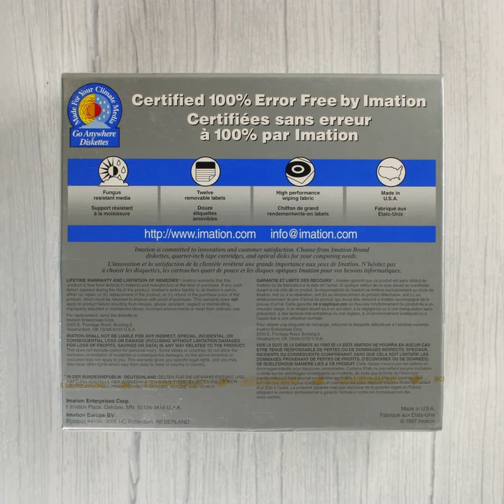 Imation 3M 5,25 colos floppy lemez dobozának hátoldala technikai adatokkal