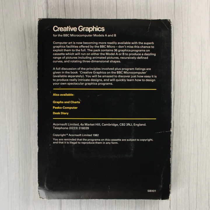 Acornsoft Creative Graphics hátoldal Az Acornsoft Creative Graphics szoftver hátoldala a leírással és a kiadói adatokkal.
