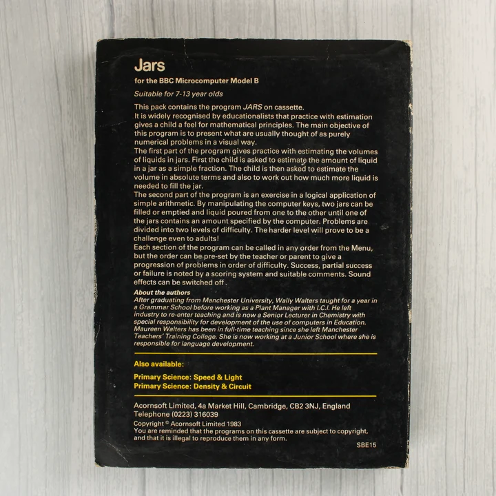 Az Acornsoft Jars oktatóprogram hátlapja leírással