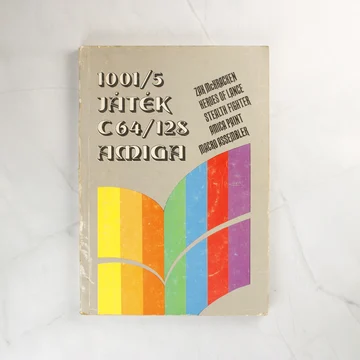 Az 1001/5 Játék C64/128 Amiga könyv szürke borítója színes sávokkal