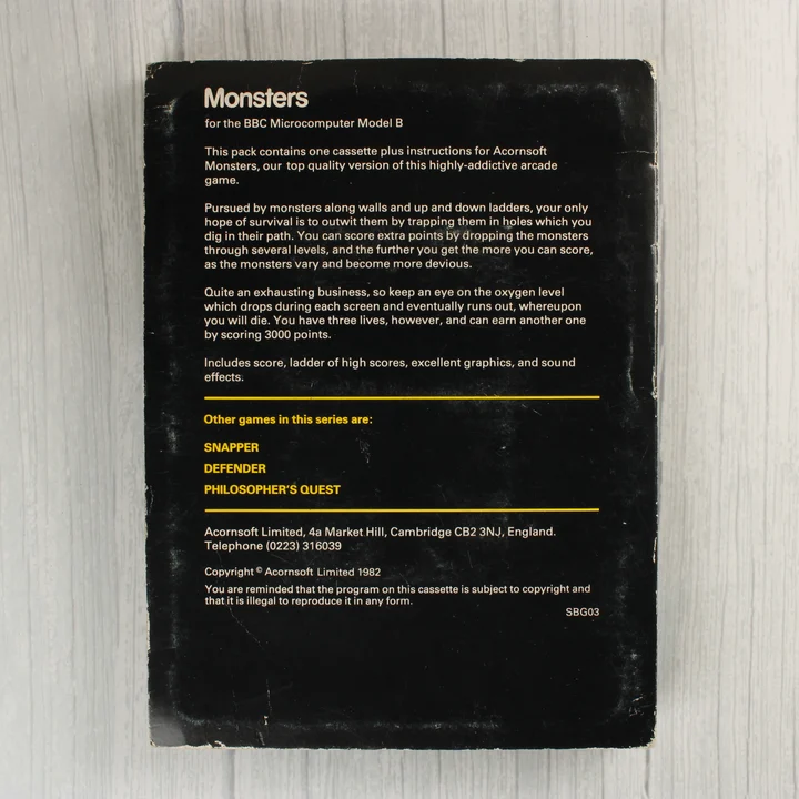 Acornsoft Monsters hátlap Acornsoft Monsters videójáték dobozának hátoldala