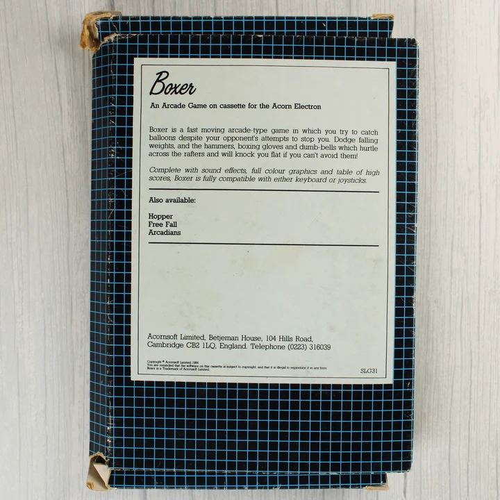 Acornsoft Boxer videójáték dobozának hátoldala