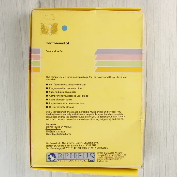 Electrosound 64 doboz hátulnézet Az Electrosound 64 szoftver dobozának hátoldala a leírással