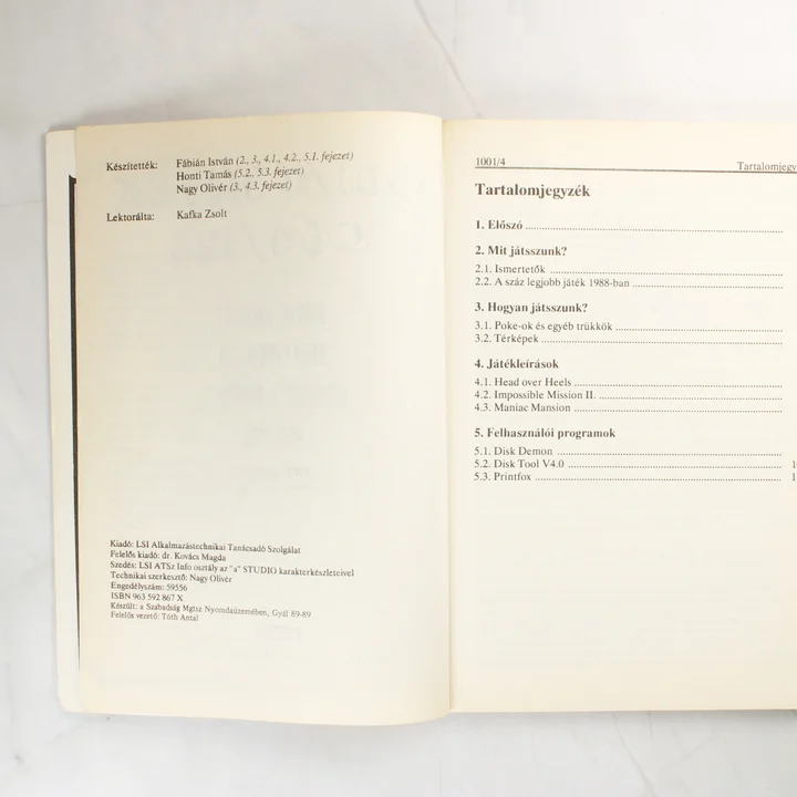 A 1001/4 Játék C64/128 könyv belső tartalomjegyzéke