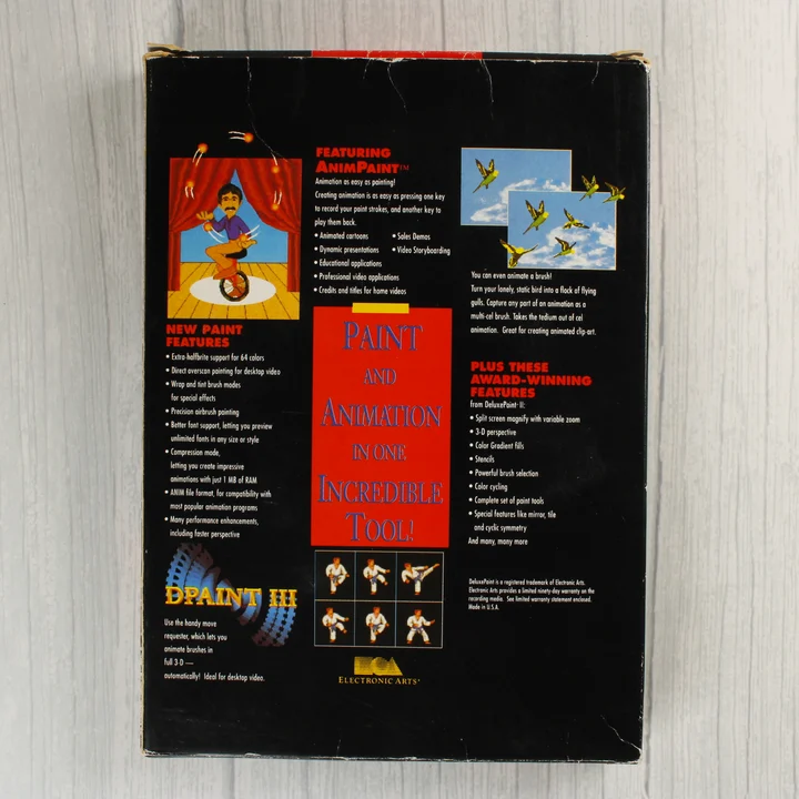 A Deluxe Paint III szoftver dobozának hátoldala a funkciók leírásával