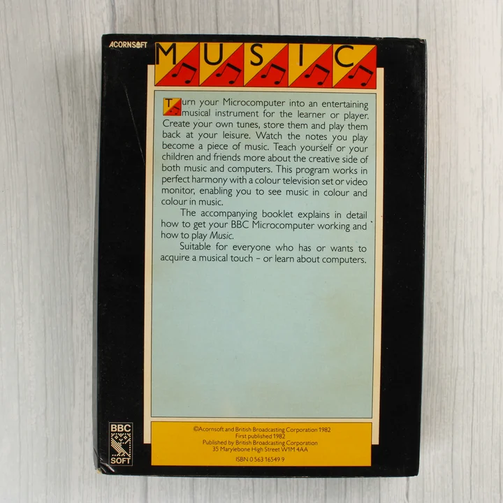 Acornsoft Music doboz hátlap Acornsoft Music szoftver dobozának hátoldala leírással
