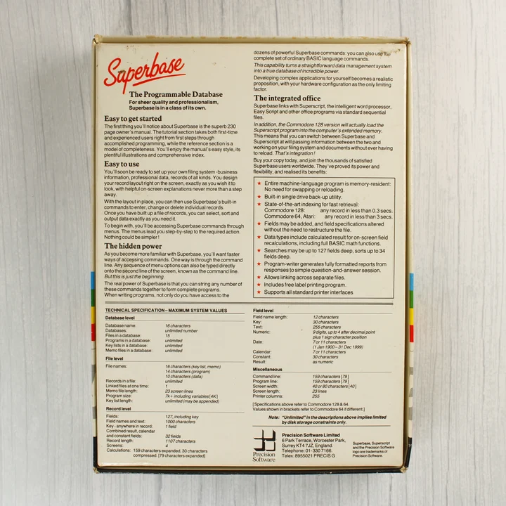 A Superbase szoftver dobozának hátoldala technikai adatokkal