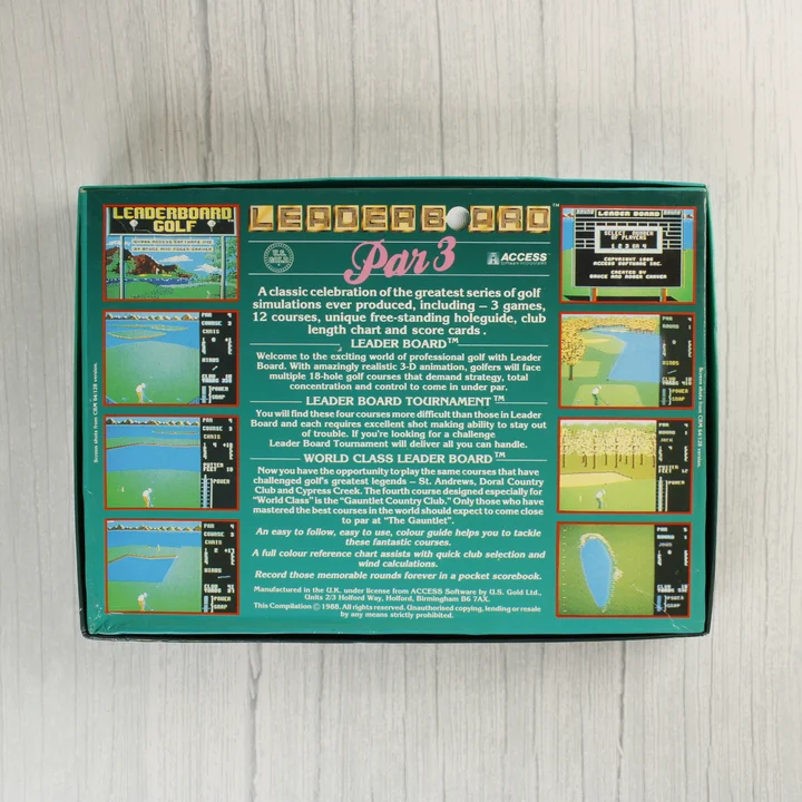 Leader Board Par 3 doboz hátoldal Leader Board Par 3 videójáték dobozának hátoldala leírásokkal