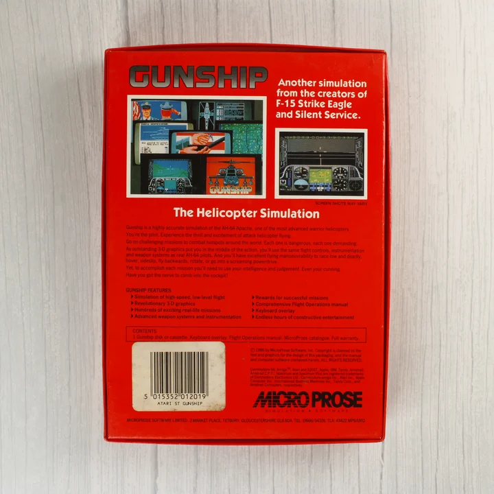 A Gunship videójáték dobozának hátoldala leírásokkal és képernyőfotókkal