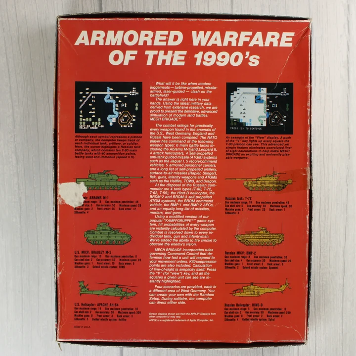 Mech Brigade doboz hátulja Mech Brigade játék dobozának hátoldala leírásokkal