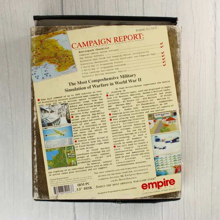 A Campaign videójáték dobozának hátoldala a játék leírásával és képernyőfotókkal.