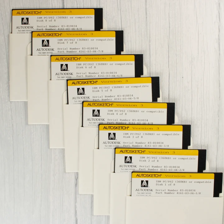 AutoSketch V3 floppyk Nyolc darab 5,25 colos AutoSketch floppy lemez papírtokban