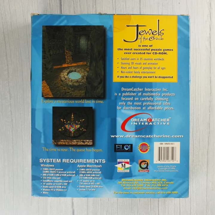 Jewels of the Oracle videójáték dobozának hátoldala a rendszerkövetelményekkel