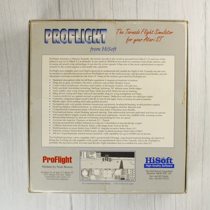 ProFlight doboz hátoldal ProFlight Atari ST játék dobozának hátoldala leírással