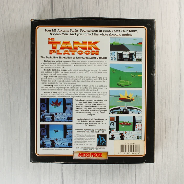 Az M1 Tank Platoon videójáték dobozának hátoldala leírásokkal és képernyőfotókkal