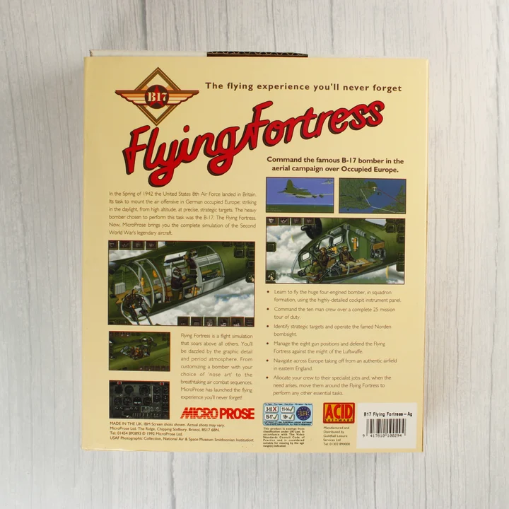 B-17 Flying Fortress Amiga játék dobozának hátoldala képernyőfotókkal