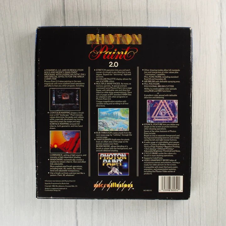 Photon Paint 2.0 szoftver dobozának hátoldala leírásokkal