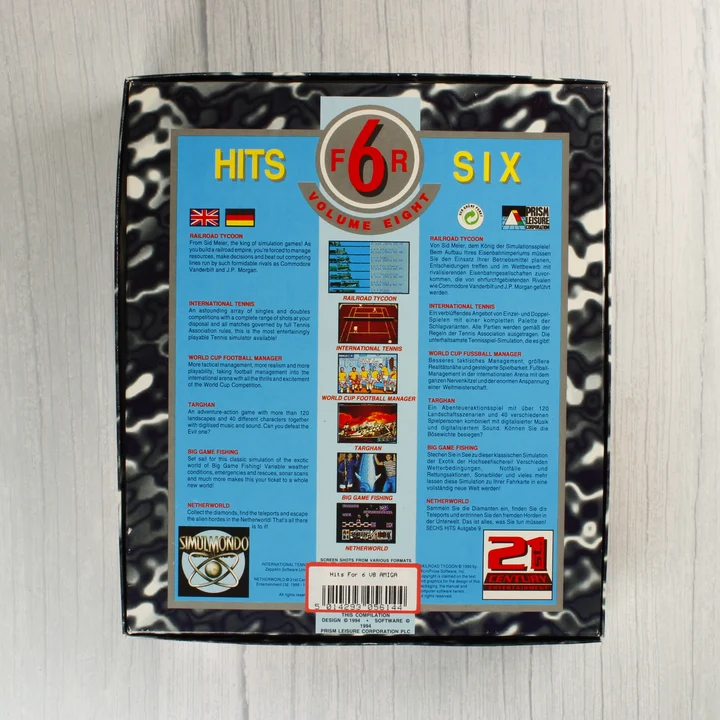 Hits for Six Volume Eight Amiga játékgyűjtemény dobozának hátoldala leírásokkal