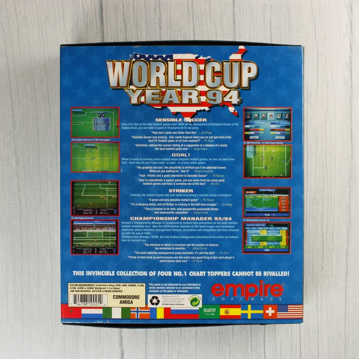 World Cup Year 94 doboz hátulja World Cup Year 94 Amiga játékgyűjtemény dobozának hátoldala