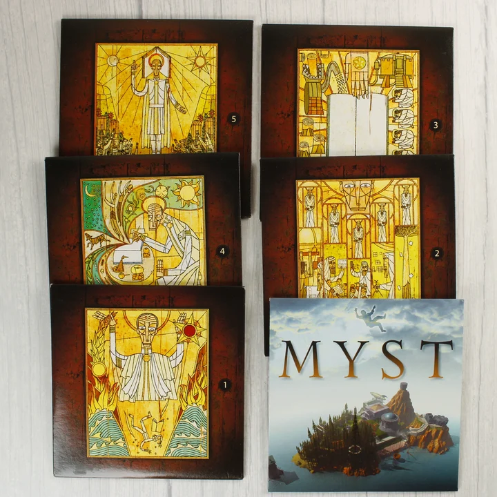 Sorszámozott illusztrált kártyák a Myst játékból