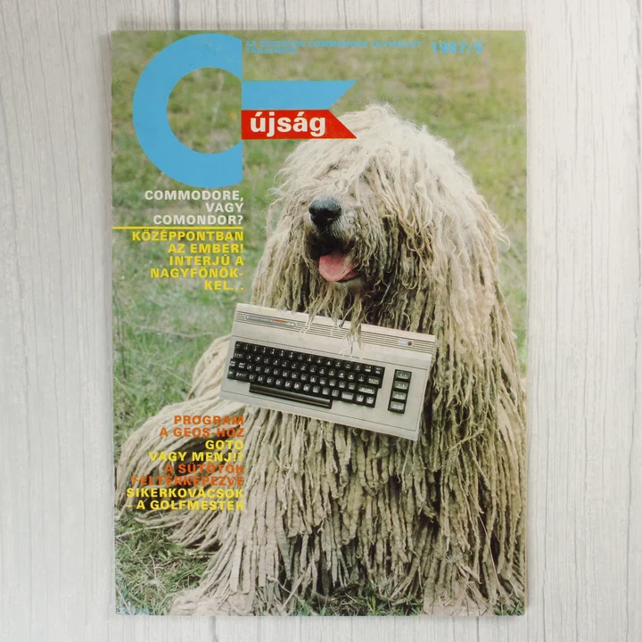 A Commodore újság 1987/5-ös számának címlapja egy kutyával és egy számítógéppel.