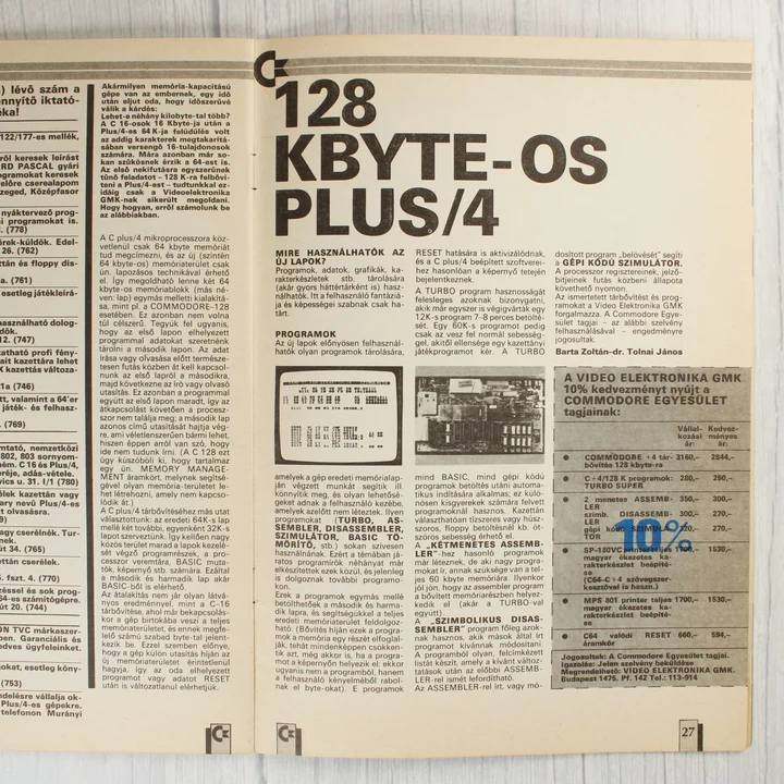 A Commodore újság egyik belső oldala a Plus/4 memóriabővítéséről szóló cikkel.