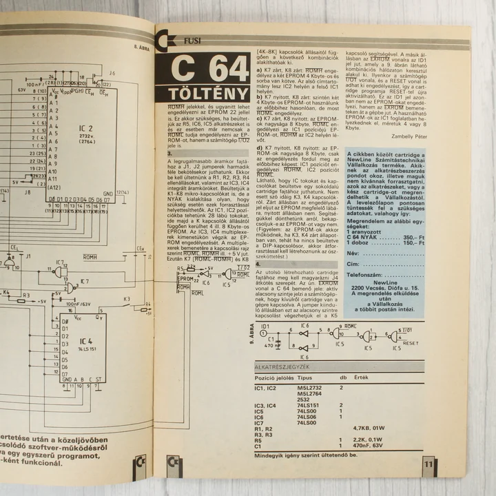 A Commodore újság belső oldala kapcsolási rajzzal és technikai leírással.