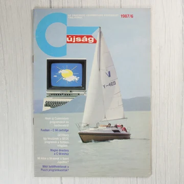 A Commodore újság 1987/6-os számának címlapja egy vitorlással és egy számítógéppel.