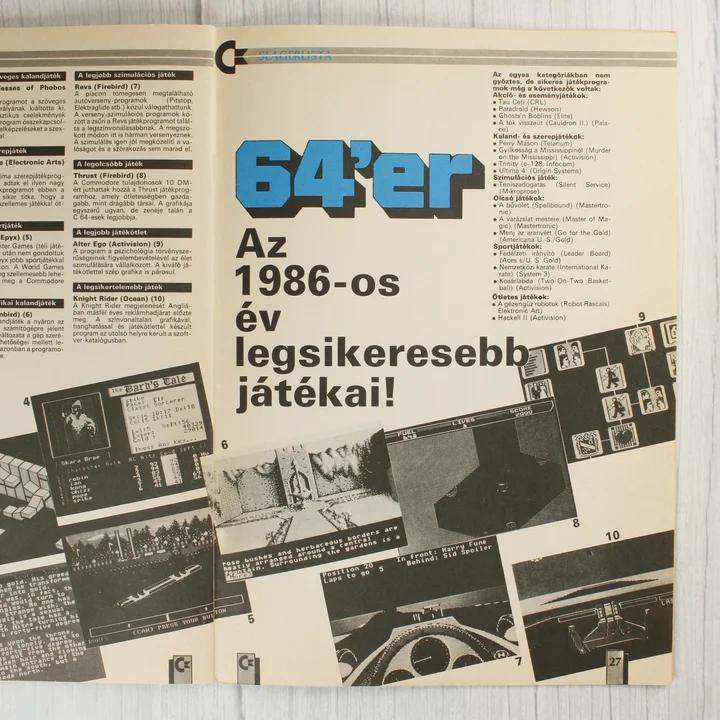 A Commodore Újság belső oldala az 1986-os év legsikeresebb videójátékairól.